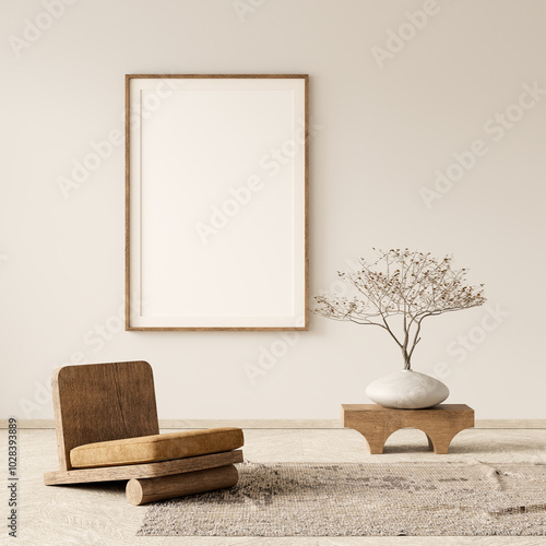 Mock up poster frame in boho style decorated livinig room. Modern, authentic Interior design of living room with wooden furnitures. 3D illustration photo