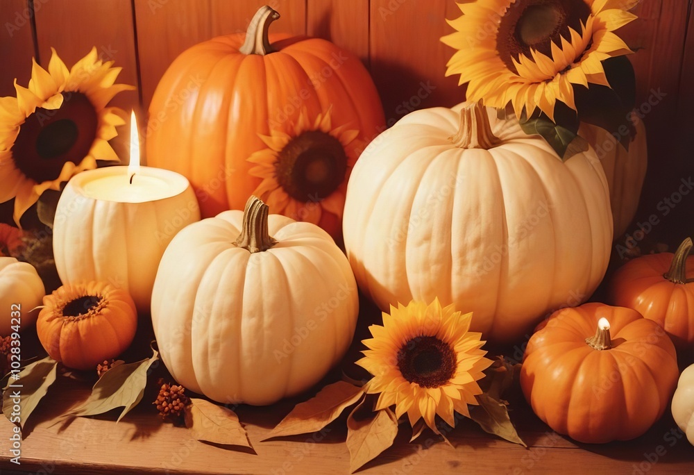 pumpkins and sunflower with candles in the wooden background pumpkins and sunflower with candles in the wooden background