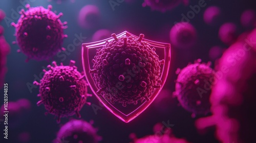 Digital illustration depicting a virus with a protective shield, vibrant colors, abstract background. photo