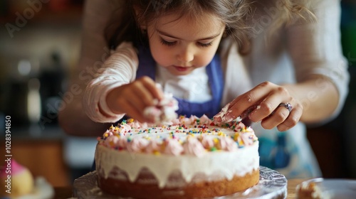 A child helping their parent decorate a cake, showcasing the joy of creativity and collaboration in the kitchen