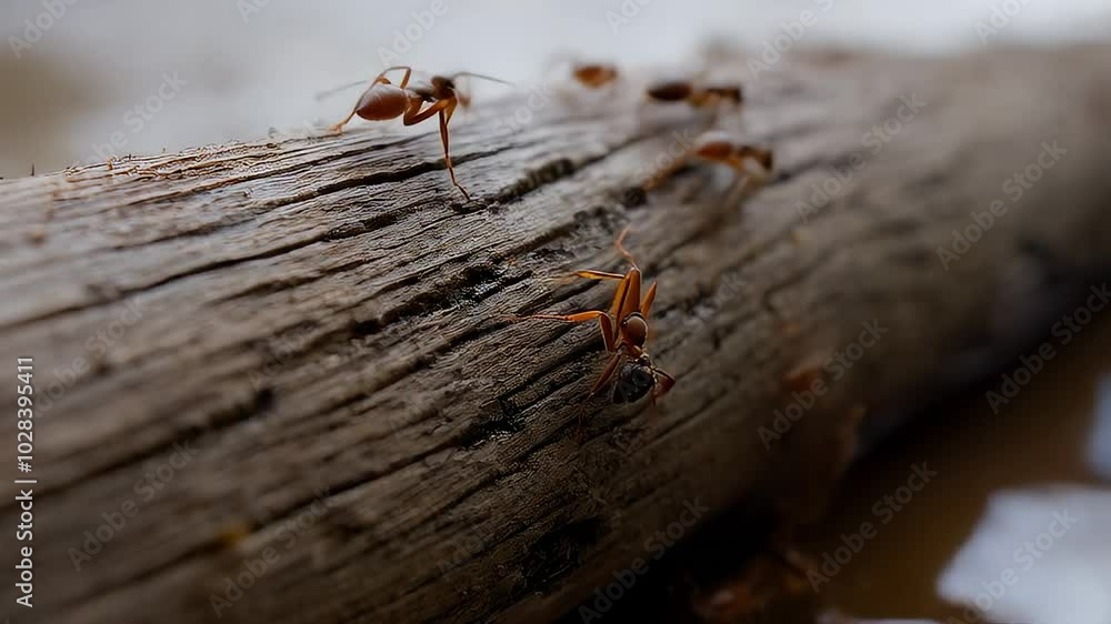 Close-Up Capture of Ants on Driftwood Near Water in Nature Setting During Daytime Scene Close-Up Capture of Ants on Driftwood Near Water in Nature Setting During Daytime Scene
