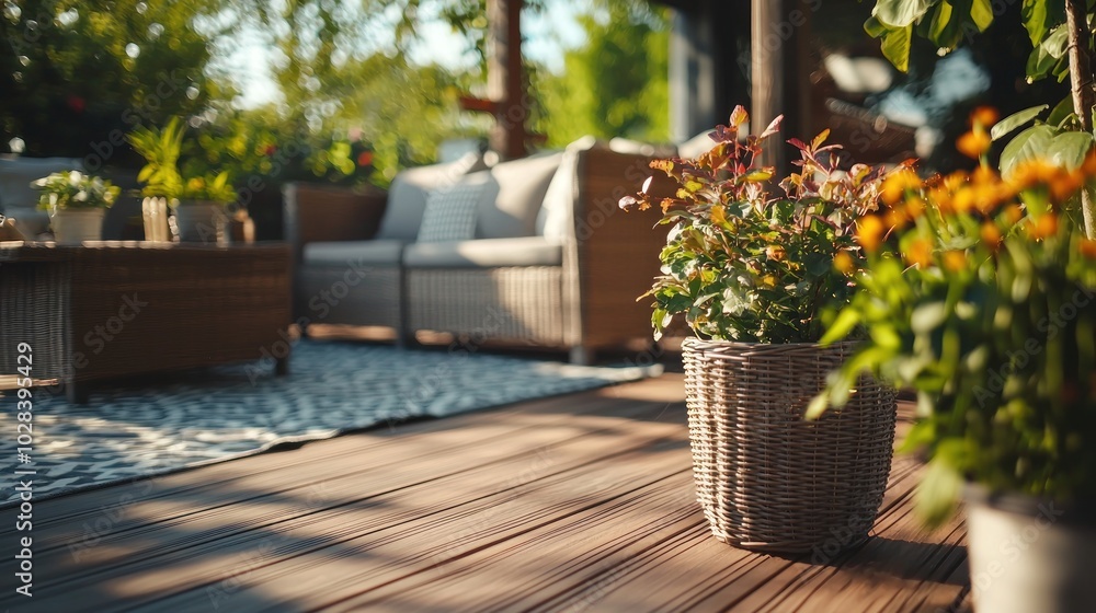 Fototapeta premium A close-up of a beautifully decorated deck with potted plants and outdoor furniture, creating a cozy atmosphere for gatherings