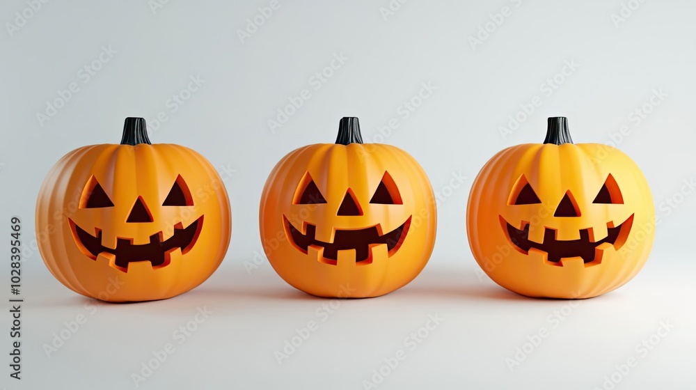Three Carved Pumpkins with Smiling Faces on a White Background Three Carved Pumpkins with Smiling Faces on a White Background
