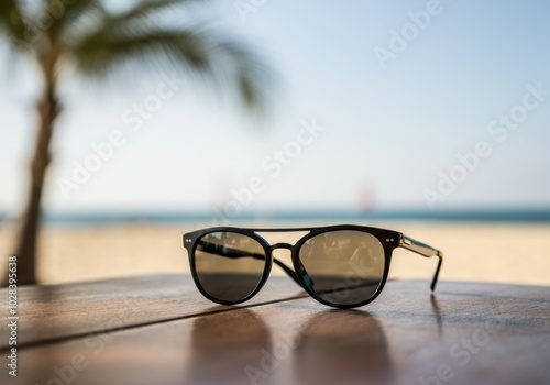Wallpaper Mural Sunglasses on wooden table overlooking tropical beach with palm tree Torontodigital.ca