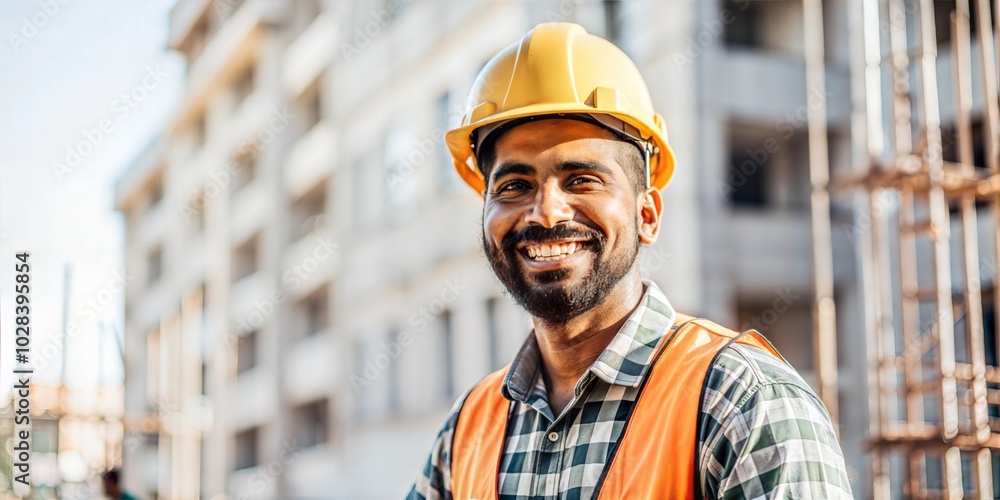 A smiling on-site india worker or civil engineer with his arms folded at construction site A smiling on-site india worker or civil engineer with his arms folded at construction site