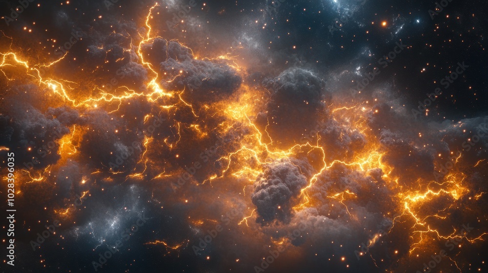 Obraz premium A dramatic cosmic scene featuring vibrant lightning and clouds in a starry background.