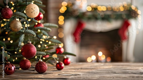 Festive Christmas Tree Decorated with Red Ornaments and Bokeh Lights on Wooden Table, Fireplace in Background, Perfect for Xmas Party or Event Banner Design.