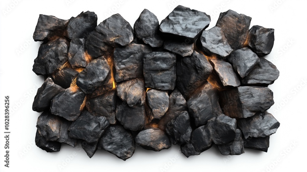 Abstract arrangement of illuminated black coal-like rocks on a white background Abstract arrangement of illuminated black coal-like rocks on a white background