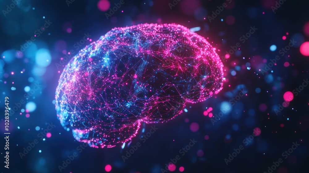 A vibrant representation of a brain made of glowing connections and particles. A vibrant representation of a brain made of glowing connections and particles.