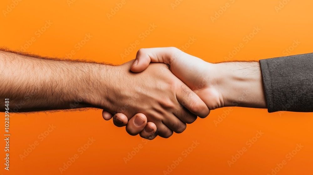 Close-up of two hands shaking against an orange background symbolizing agreement or partnership. Close-up of two hands shaking against an orange background symbolizing agreement or partnership.