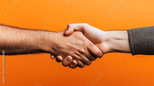 Close-up of two hands shaking against an orange background symbolizing agreement or partnership.