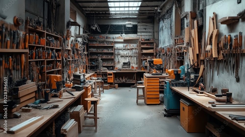 Interior of a woodworking workshop with tools and machinery on shelves and workbenches. The space is well-organized with various hand tools and equipment such as drills and saws. Interior of a woodworking workshop with tools and machinery on shelves and workbenches. The space is well-organized with various hand tools and equipment such as drills and saws.