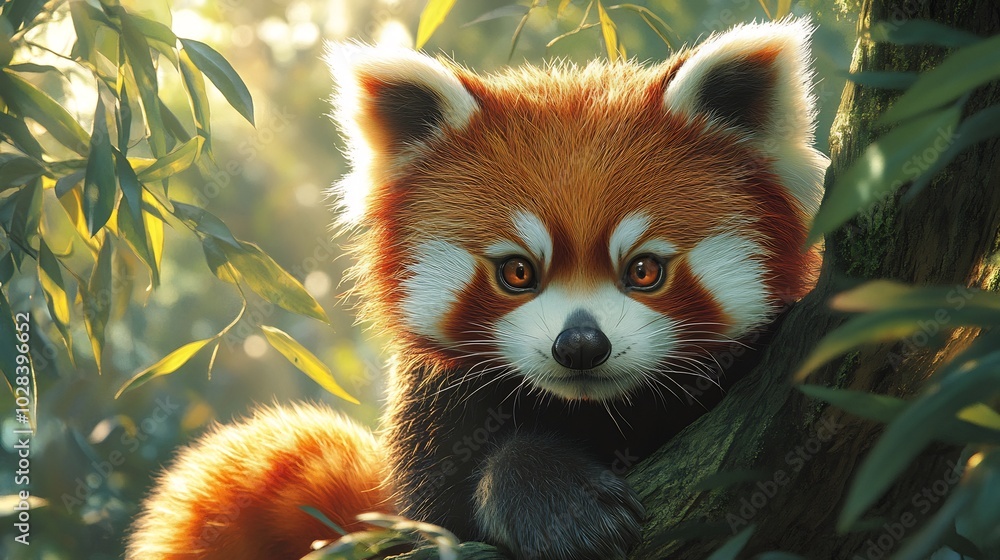 Red panda climbing through tree in an exotic forest its soft red fur and large tail standing out against the green Red panda climbing through tree in an exotic forest its soft red fur and large tail standing out against the green
