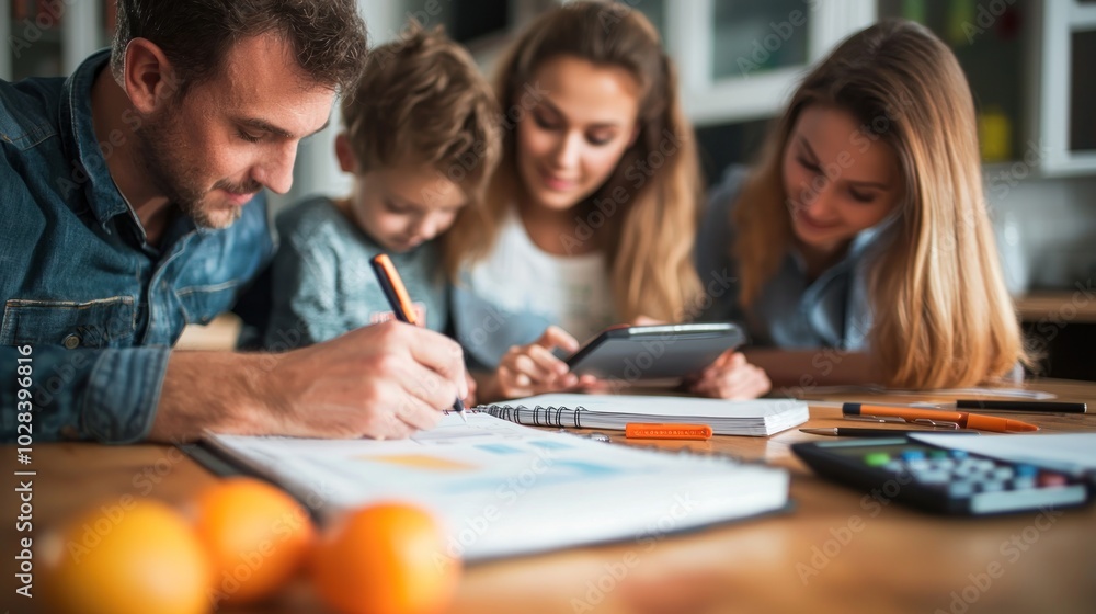 A family budgeting together at the kitchen table, mapping out their expenses and debt repayment goals with notebooks and calculators A family budgeting together at the kitchen table, mapping out their expenses and debt repayment goals with notebooks and calculators