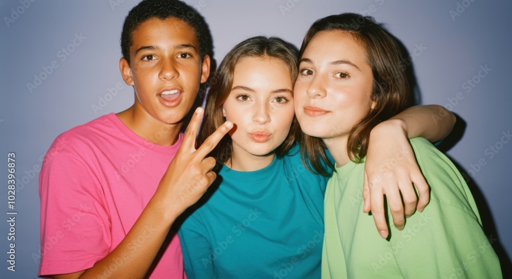 Teens posing in colorful t-shirts against gradient background