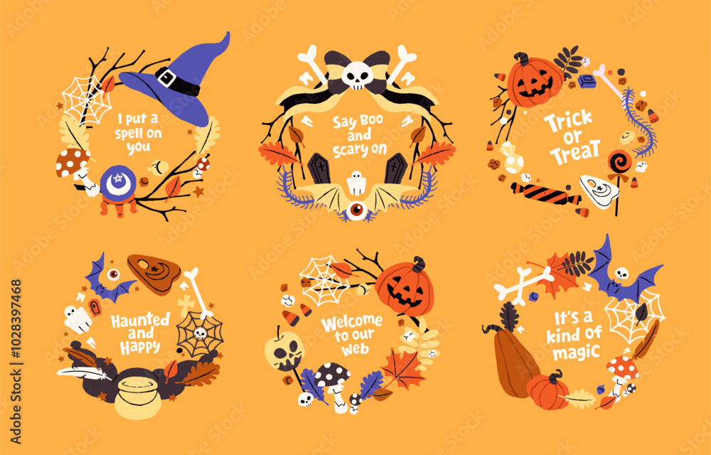 Naklejka premium Halloween wreath set. Helloween round frames with scary pumpkins, spooky skulls, web. Candies, dry branches, autumn leaves on circle. Designs of magic holiday decor. Flat isolated vector illustrations