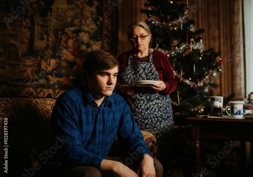 Thoughtful young man and concerned grandmother by christmas tree in cozy living room