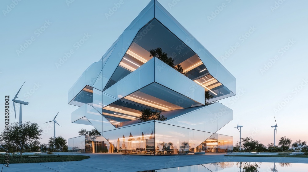 A corporate building made of transparent glass, with energy-efficient panels and wind turbines integrated into the structure. Concept of sustainable business practices A corporate building made of transparent glass, with energy-efficient panels and wind turbines integrated into the structure. Concept of sustainable business practices