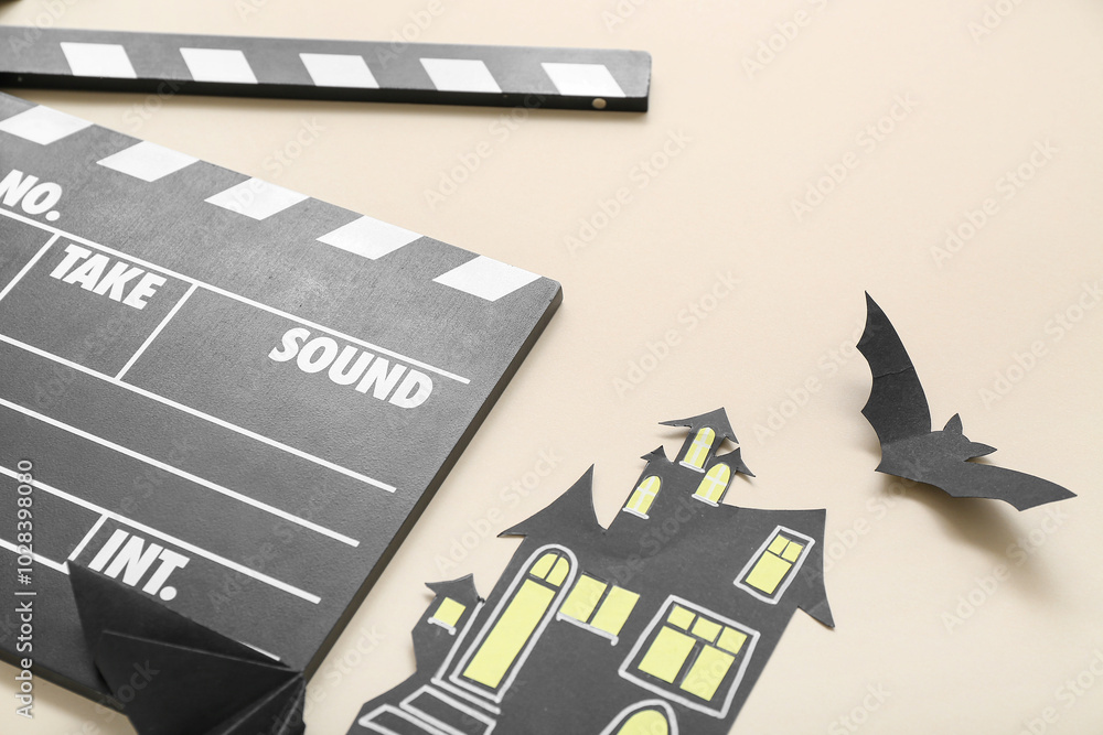 Naklejka premium Clapperboard with paper Halloween decor on beige background