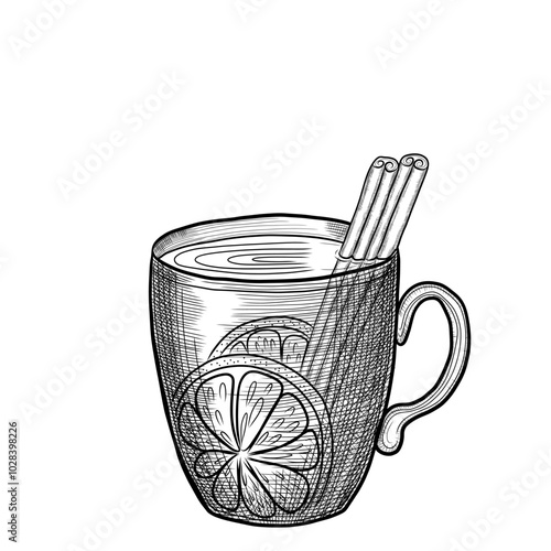 Mulled wine vector illustration in sketch style. Hand drawn line art illustration of traditional spiced wine Christmas drink. Classic holiday punch.