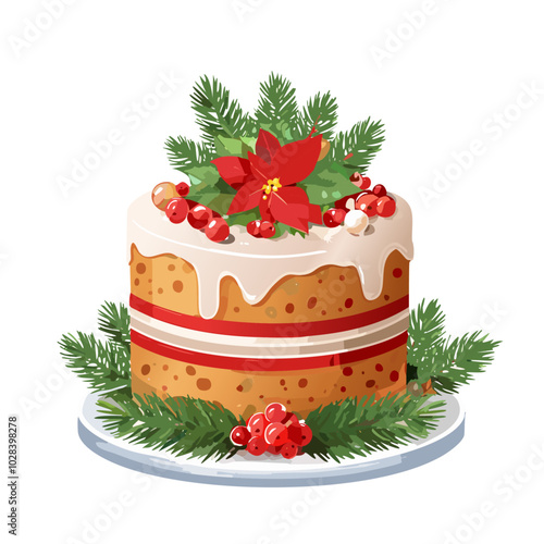 Christmas cake vector illustration. Festive New Year dessert for menu and cards.