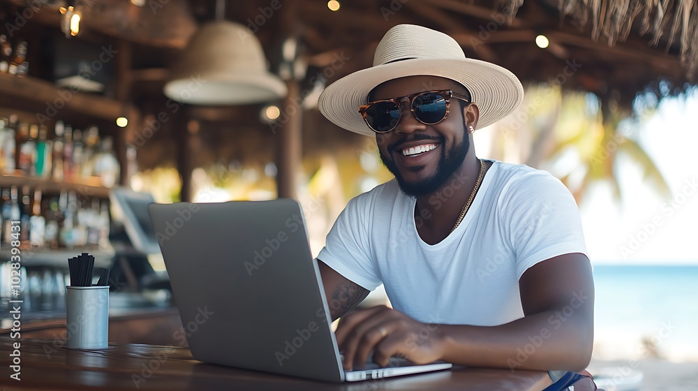 Blacked Man working remotely on beach, digital nomad lifestyle work-life balance virtual remote work Freelance Blacked Man working remotely on beach, digital nomad lifestyle work-life balance virtual remote work Freelance