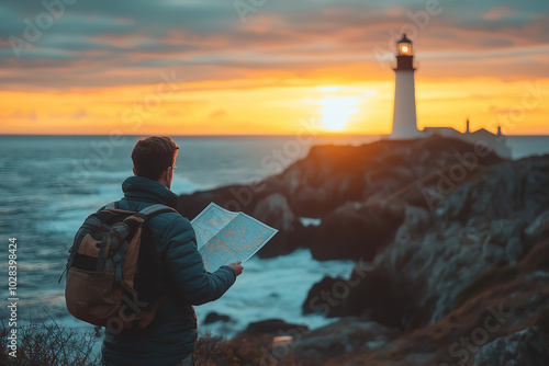 Traveler reading a map by a coastal lighthouse during sunrise.  Generative AI.