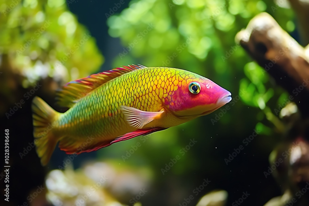 Colorful Wrasse Fish Swimming in a Tropical Aquarium. Colorful Wrasse Fish Swimming in a Tropical Aquarium.