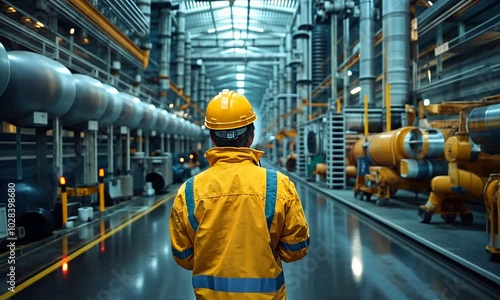 Worker in safety gear observing an industrial facility.