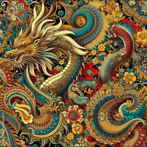 Intricate Golden and Teal Dragon in Ornate Asian Design with Generative AI.