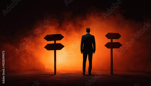 A businessman stands at a crossroads, surrounded by fog and illuminated by orange light. photo