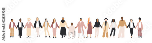 Women of different ethnicities standing together and holding hands. 