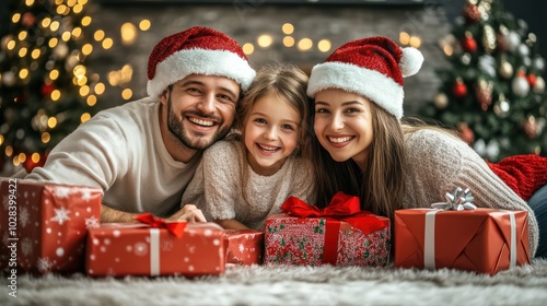 Portrait of happy family with Christmas gifts on floor at home