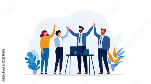 A diverse group of coworkers celebrate a small success in the office, giving high fives and smiling. Their collective positivity drives team success., flat design illustration