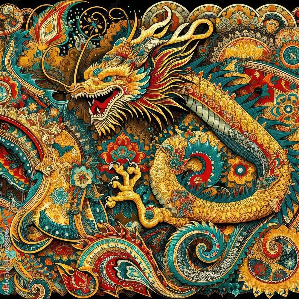 Intricate Golden and Teal Dragon in Ornate Asian Design with Generative AI. Intricate Golden and Teal Dragon in Ornate Asian Design with Generative AI.