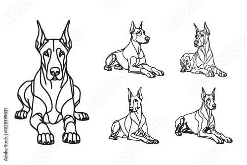 Line Art Fierce Doberman Calm Dog And Crawl Pose Art Black and White Illustration Hand Drawn Clipart