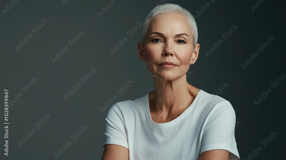 Short-haired woman in a white t-shirt smiles, breast cancer awareness dark background Short-haired woman in a white t-shirt smiles, breast cancer awareness dark background