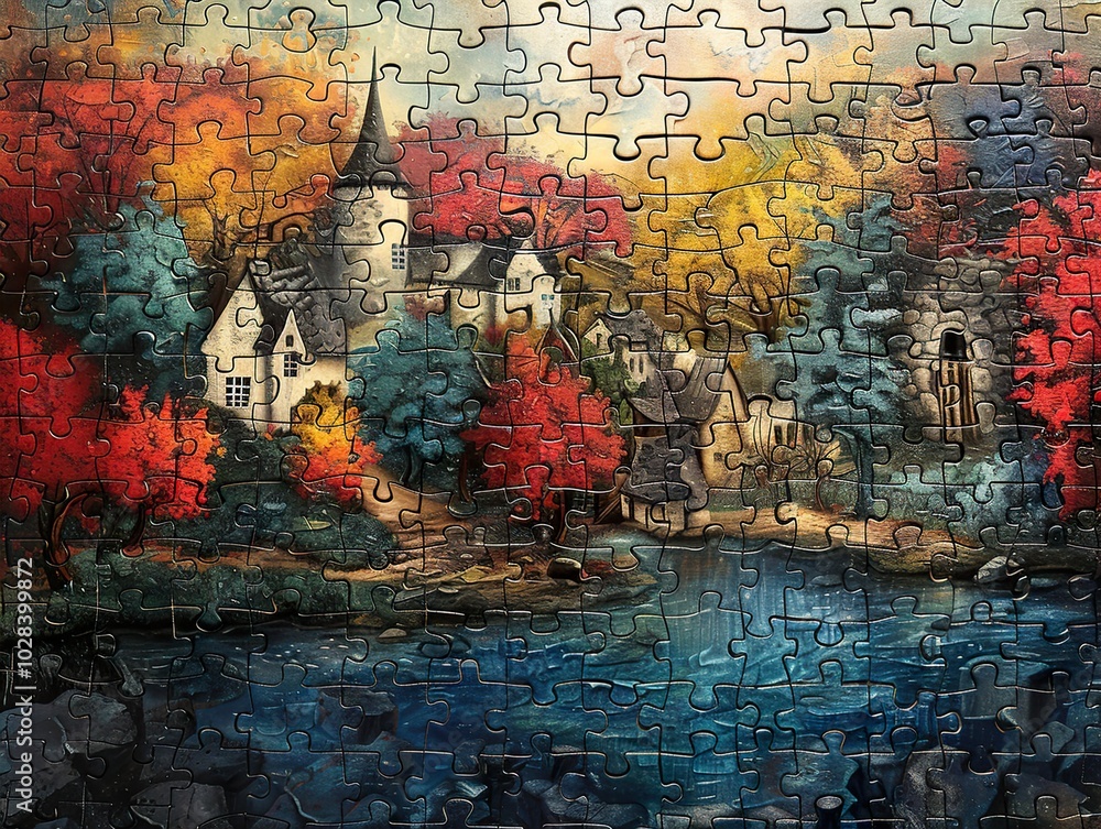 Naklejka premium Autumn Village by the Lake - A Whimsical Landscape Painting