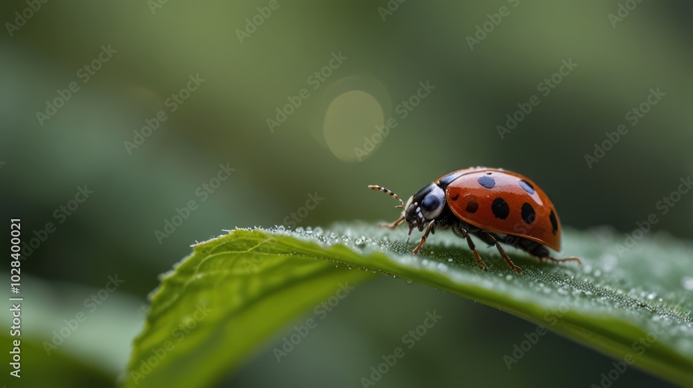Fototapeta premium A red ladybug with black spots crawls on a green leaf with dew drops.