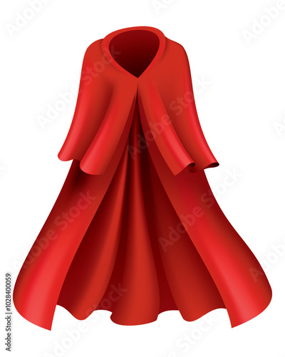 Superhero red cape in front view. Scarlet fabric silk cloak. Mantle costume or cover cartoon vector illustration