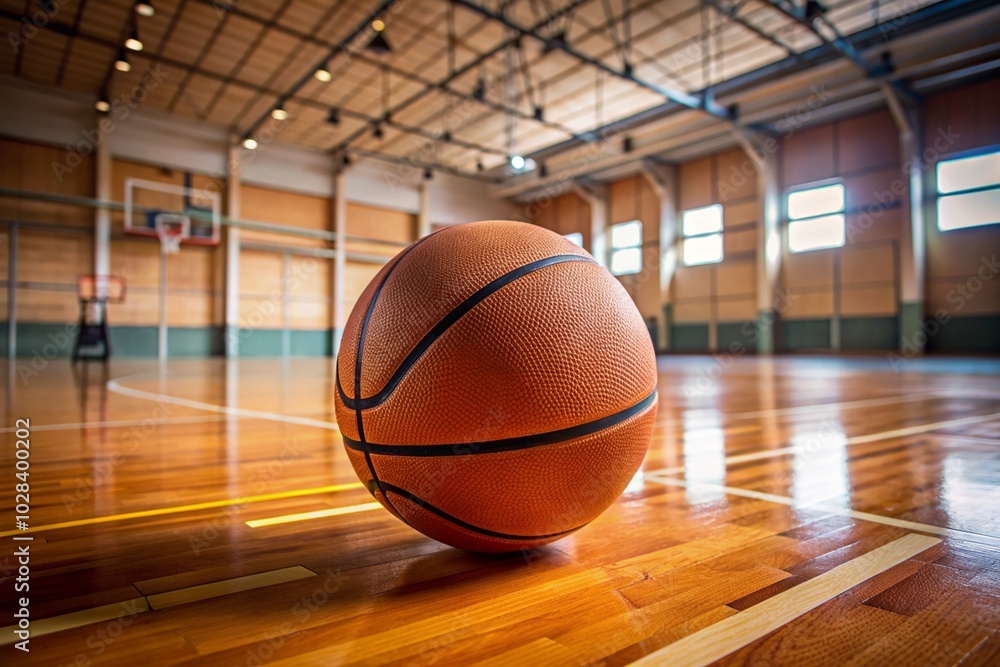 A basketball is sitting on the floor of a gym A basketball is sitting on the floor of a gym