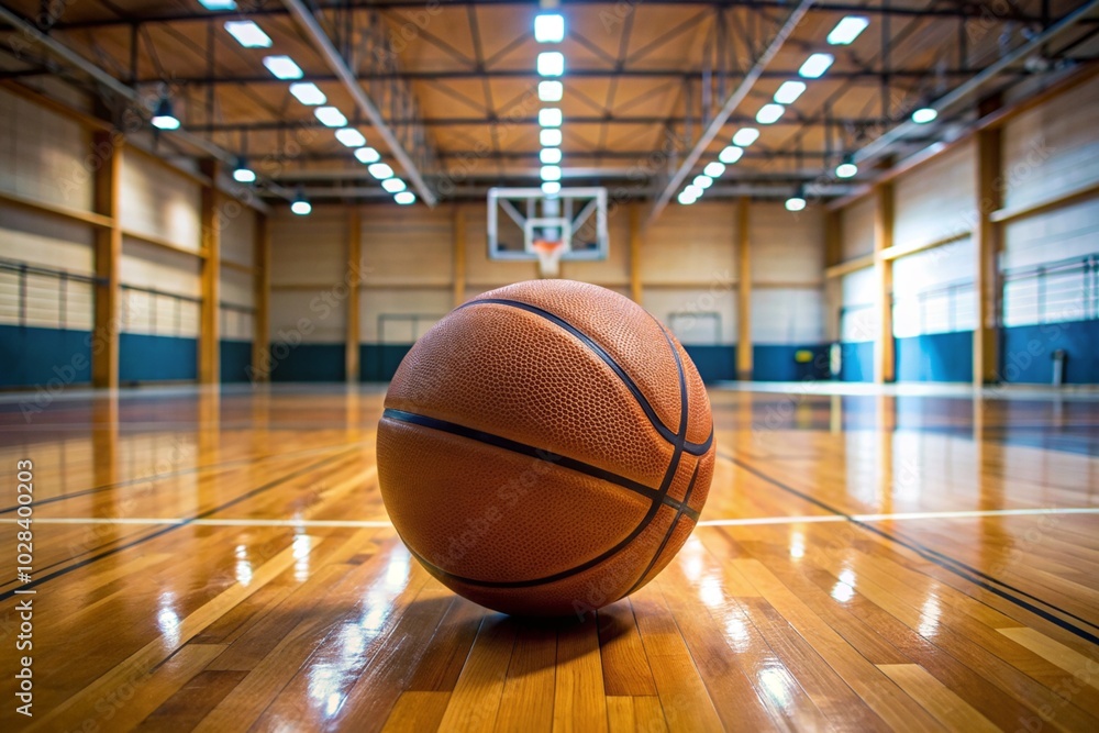 A basketball is sitting on the floor of a gym A basketball is sitting on the floor of a gym