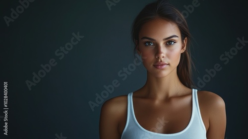 Beautiful woman in white T-shirt Female breast dark background