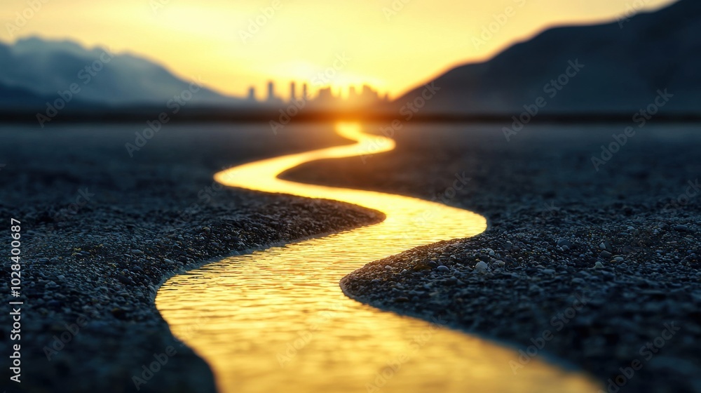 A flowing river of gold threading through a rugged landscape, leading to a bright city skyline on the horizon, the guiding flow of value through challenges to ultimate success A flowing river of gold threading through a rugged landscape, leading to a bright city skyline on the horizon, the guiding flow of value through challenges to ultimate success