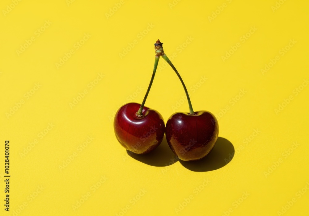 Vibrant cherry duo against bright yellow background Vibrant cherry duo against bright yellow background