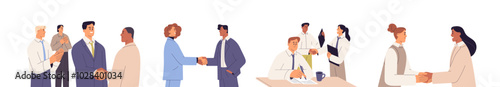 People handshake set. Partners make business deal, agreement. Employees express consent, unity with hand shake, greeting with handclasp. Partnership. Flat isolated vector illustrations on white