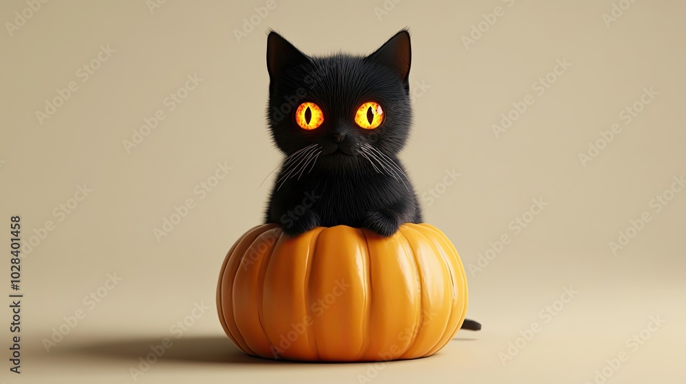 Black Cat with Glowing Eyes Sitting on a Pumpkin Black Cat with Glowing Eyes Sitting on a Pumpkin