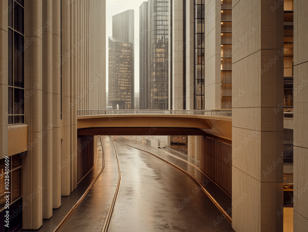 Obraz premium Modern urban architecture featuring a stylish overpass on a rainy day in a bustling cityscape