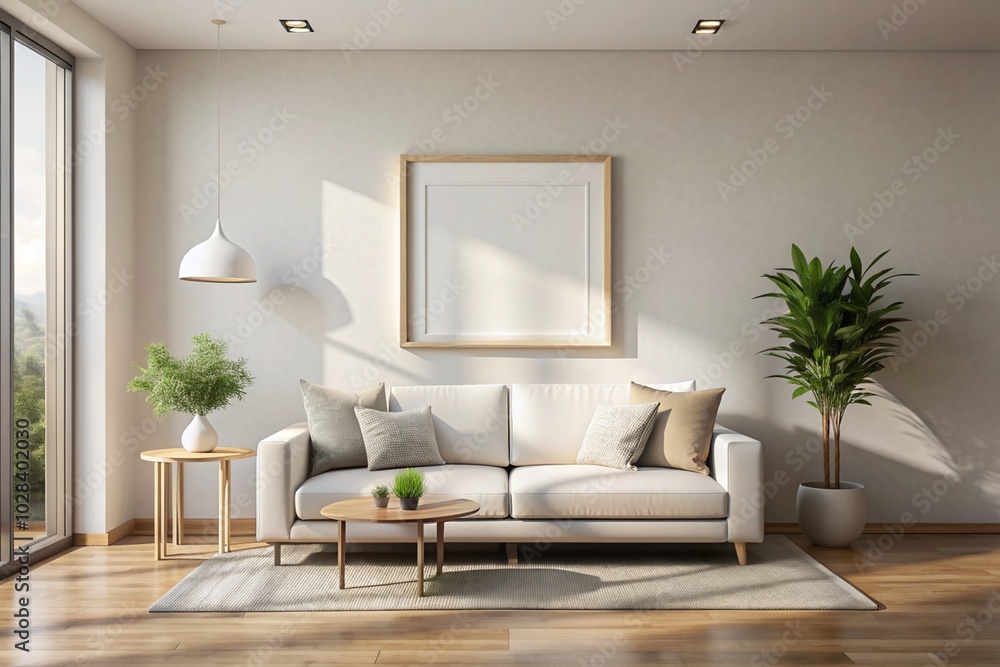 Fototapeta premium A living room with a white couch, a coffee table, and a potted plant