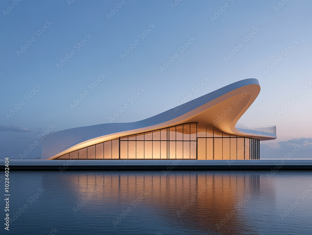 Fototapeta premium Modern architectural marvel beside water at twilight showcasing sleek lines and unique design